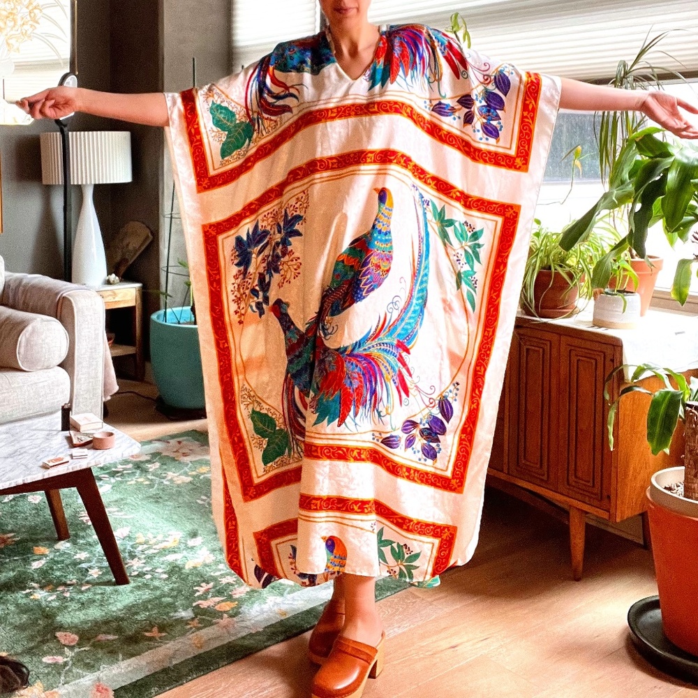 Vintage Cream Kaftan with Multicolor Peacock Print